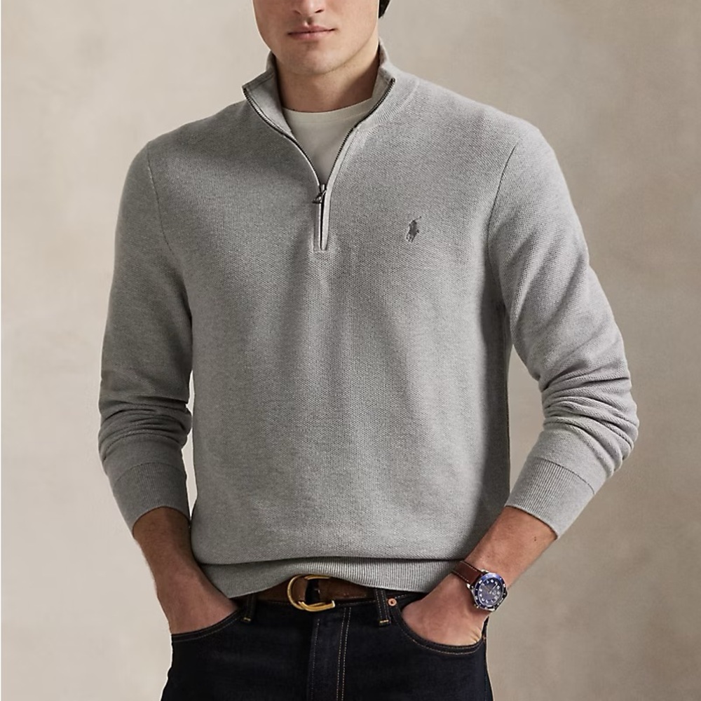 Polo Ralph Lauren Mens Mesh Knit Cotton Quarter 1/4 Zip Sweater Gray Grey XL